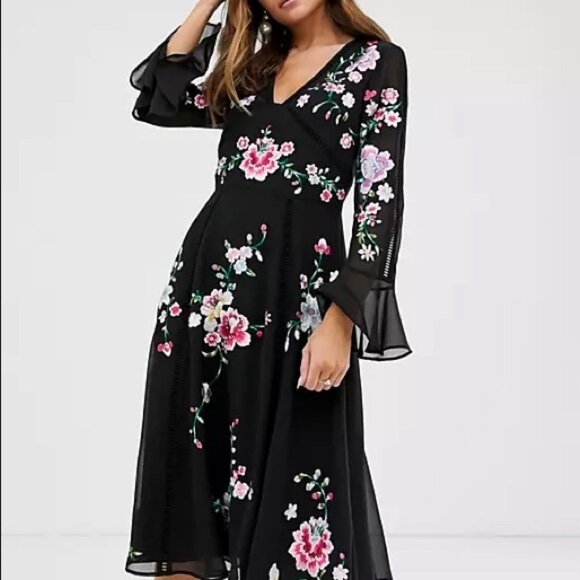 ASOS TALL NWT embroidered black midi dress - Picture 1 of 3